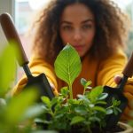 Person selecting from three key gardening tools on a sunlit apartment windowsill surrounded by vibrant green plants and warm wood accents.