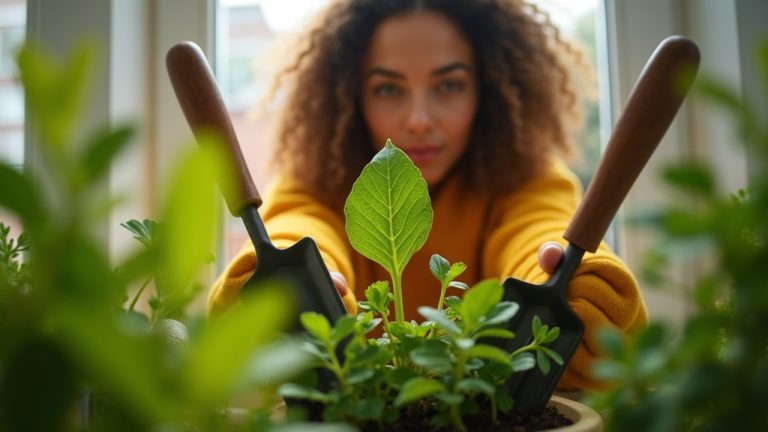 Person selecting from three key gardening tools on a sunlit apartment windowsill surrounded by vibrant green plants and warm wood accents.