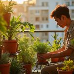 Young adult adjusting potted plant on a multi-tiered stand in a sunlit, lush apartment balcony garden with pots arranged tightly in a narrow space.