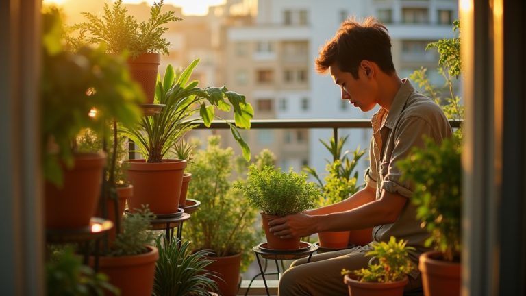 Young adult adjusting potted plant on a multi-tiered stand in a sunlit, lush apartment balcony garden with pots arranged tightly in a narrow space.