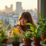 Young adult tending lush container plants with mini gardening tools on a small apartment windowsill at sunset, city skyline softly blurred in the background