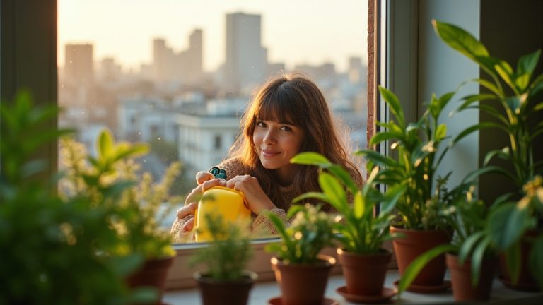 Young adult tending lush container plants with mini gardening tools on a small apartment windowsill at sunset, city skyline softly blurred in the background