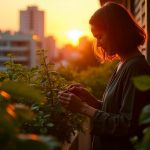 A person pruning thriving vegetables on an urban balcony at sunrise, with lush green plants surrounded by a soft city backdrop.