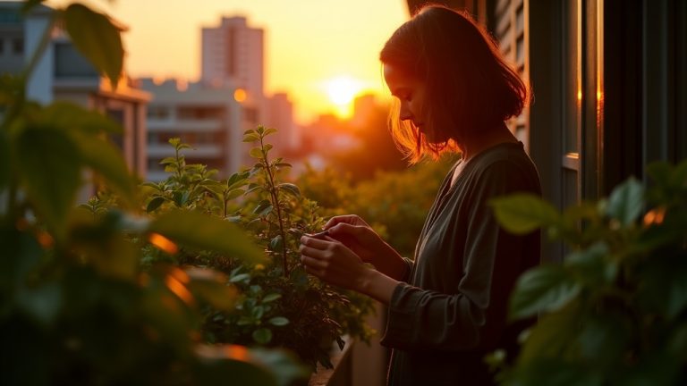 A person pruning thriving vegetables on an urban balcony at sunrise, with lush green plants surrounded by a soft city backdrop.