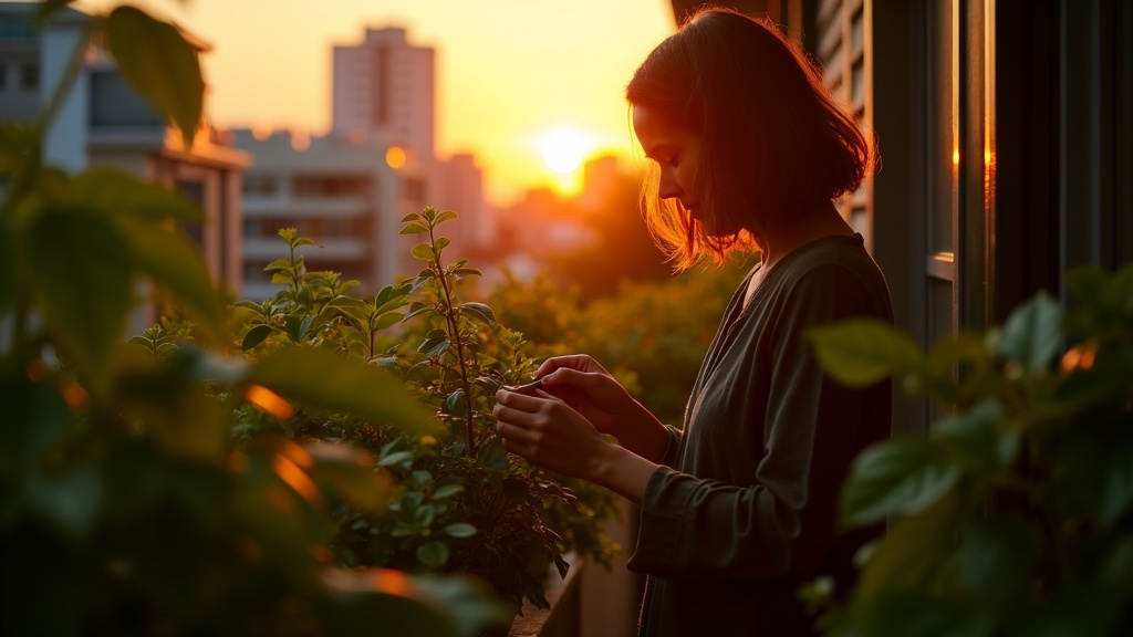 A person pruning thriving vegetables on an urban balcony at sunrise, with lush green plants surrounded by a soft city backdrop.