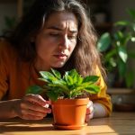 A young adult closely inspecting a potted plant in a sunlit apartment, focusing on small gnats near the soil while searching for simple indoor pest solutions.
