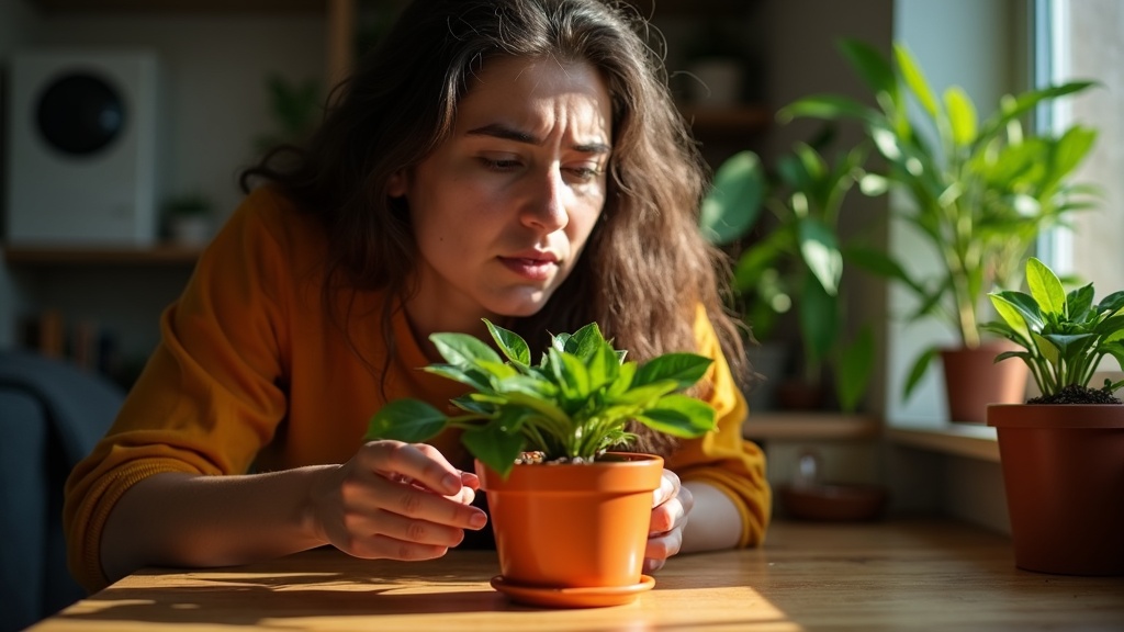 A young adult closely inspecting a potted plant in a sunlit apartment, focusing on small gnats near the soil while searching for simple indoor pest solutions.