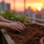 Hands carefully mixing potting soil and compost on a small apartment balcony at sunset, with blurred city skyline in the background.