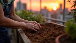 Hands carefully mixing potting soil and compost on a small apartment balcony at sunset, with blurred city skyline in the background.