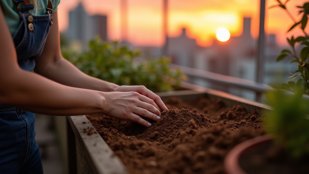 Hands carefully mixing potting soil and compost on a small apartment balcony at sunset, with blurred city skyline in the background.