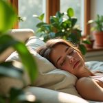 Cozy urban apartment with lush, vibrant low-maintenance plants framing a person napping peacefully on a sunlit couch.