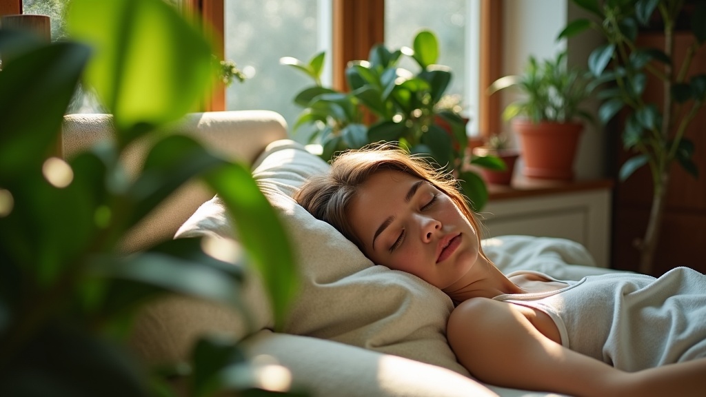 Cozy urban apartment with lush, vibrant low-maintenance plants framing a person napping peacefully on a sunlit couch.