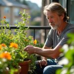 A person tending assorted herb pots on a sunlit, compact apartment balcony with vibrant colors and urban backdrop.