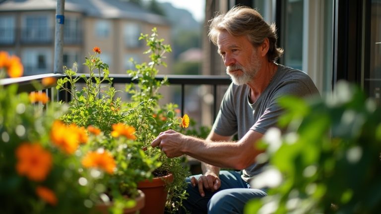 A person tending assorted herb pots on a sunlit, compact apartment balcony with vibrant colors and urban backdrop.