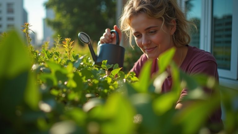 A young adult tends to vibrant balcony plants in a small urban apartment, with filtered sunlight highlighting a calm, focused expression amid the city backdrop.
