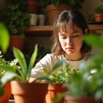 A person arranges plants on a tiered shelf in a cozy kitchen corner filled with greenery, framed by soft afternoon light and rich colors.