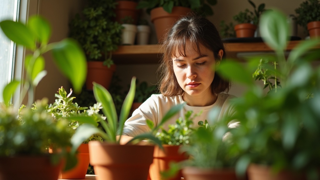 A person arranges plants on a tiered shelf in a cozy kitchen corner filled with greenery, framed by soft afternoon light and rich colors.