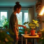 A person adjusts a grow light among lush plants in a small apartment living room with uniquely shaped windows and mixed natural and artificial lighting.