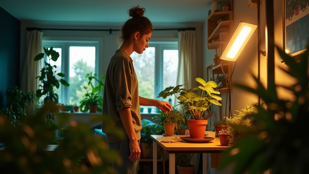 A person adjusts a grow light among lush plants in a small apartment living room with uniquely shaped windows and mixed natural and artificial lighting.