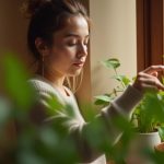 A person tending to a houseplant on a sunlit apartment windowsill, illustrating careful indoor plant care in a small urban space.