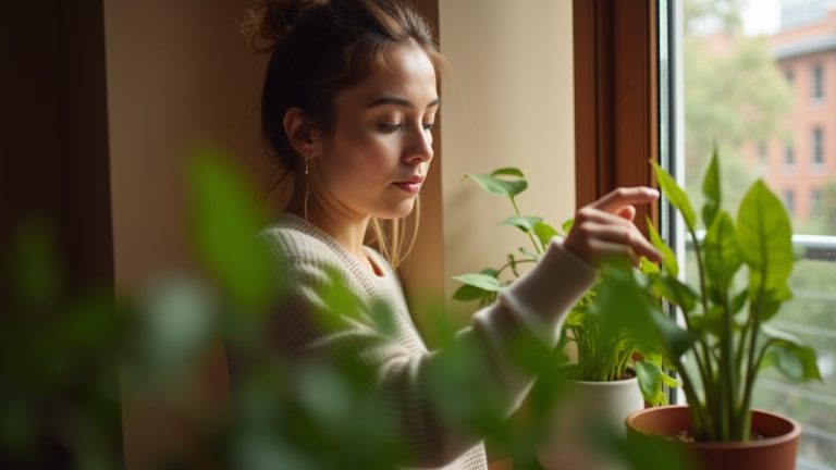A person tending to a houseplant on a sunlit apartment windowsill, illustrating careful indoor plant care in a small urban space.