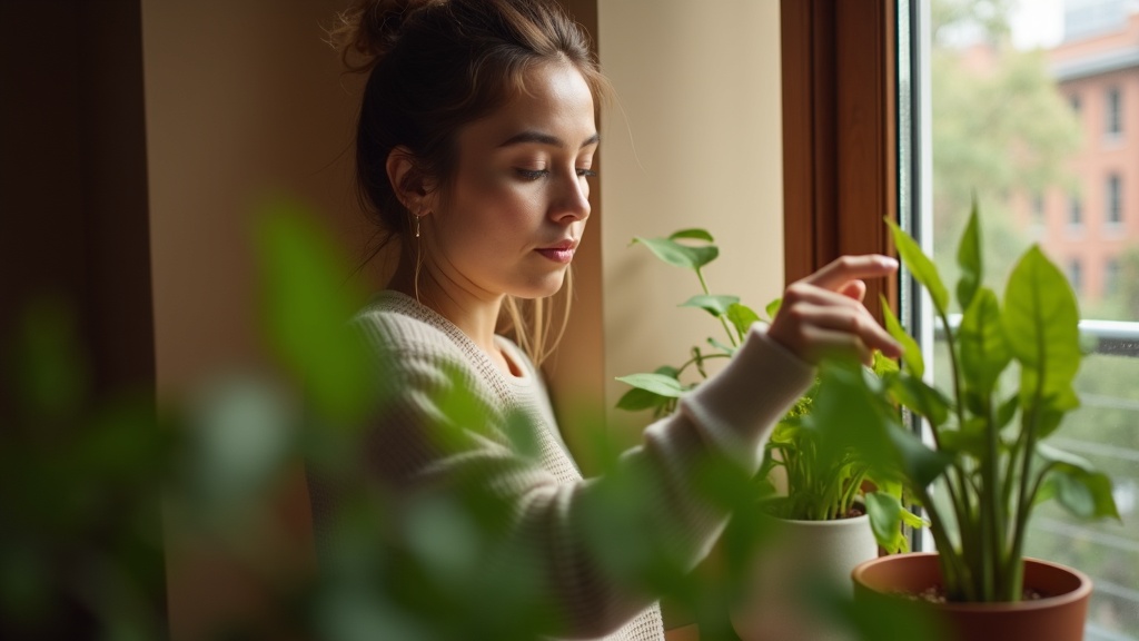 A person tending to a houseplant on a sunlit apartment windowsill, illustrating careful indoor plant care in a small urban space.