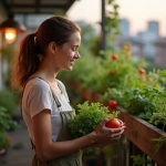 Young urban gardener on small balcony rearranging a shelf while holding freshly picked vegetables, with natural light highlighting the tight, creative space.