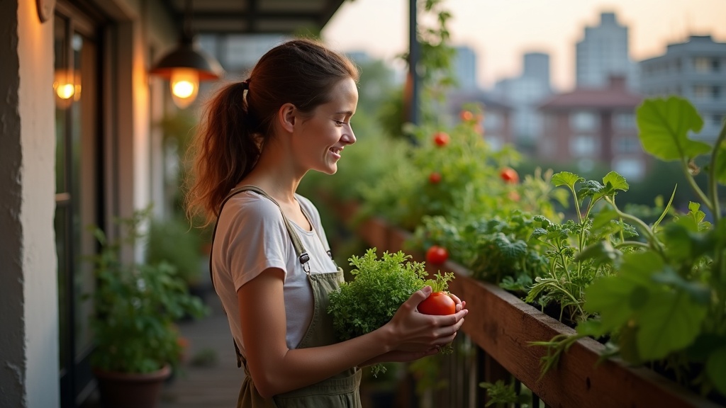 Young urban gardener on small balcony rearranging a shelf while holding freshly picked vegetables, with natural light highlighting the tight, creative space.