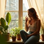 Young adult sitting on an urban apartment windowsill surrounded by thriving morning sun plants, with warm daylight and leafy greens highlighted.