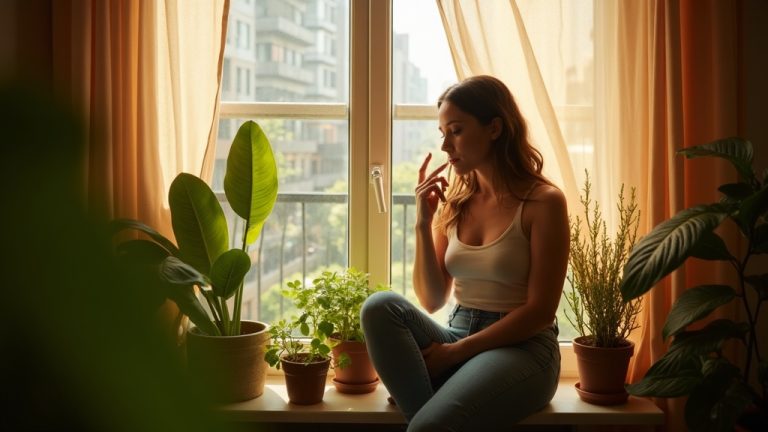 Young adult sitting on an urban apartment windowsill surrounded by thriving morning sun plants, with warm daylight and leafy greens highlighted.