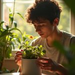 A person carefully adjusting a self-watering pot in a sunlit, plant-filled living room, surrounded by lush foliage and warm light.