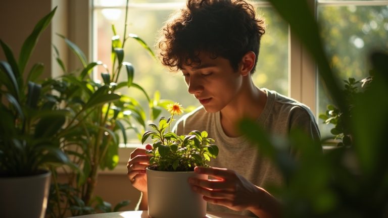 A person carefully adjusting a self-watering pot in a sunlit, plant-filled living room, surrounded by lush foliage and warm light.