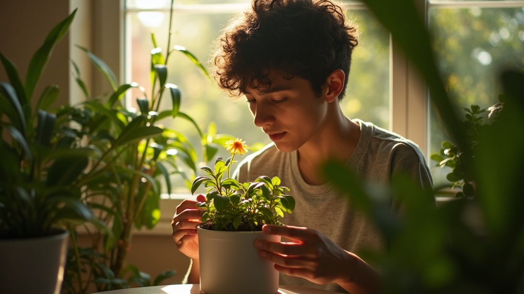 A person carefully adjusting a self-watering pot in a sunlit, plant-filled living room, surrounded by lush foliage and warm light.