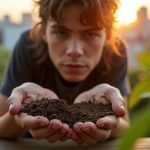 Young balcony gardener examining two soil samples with hands surrounded by plants and city views, highlighting careful selection in a small urban space.