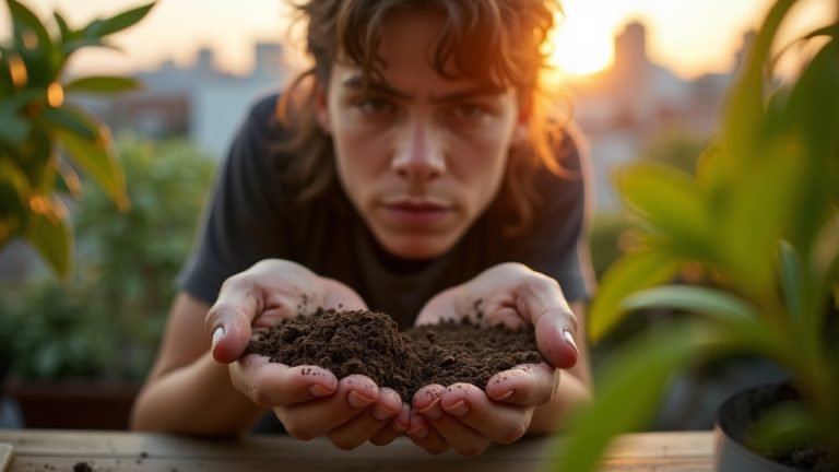 Young balcony gardener examining two soil samples with hands surrounded by plants and city views, highlighting careful selection in a small urban space.