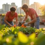 Two neighbors collaborate among lush plants on a sunny rooftop, working closely in a small garden space with visible teamwork and gentle tension.