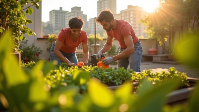 Two neighbors collaborate among lush plants on a sunny rooftop, working closely in a small garden space with visible teamwork and gentle tension.