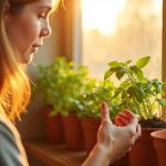 A young adult carefully tending to potted basil and other herbs on a bright apartment windowsill, with sunlight highlighting lush green leaves and warm terracotta pots.