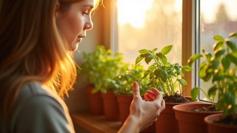 A young adult carefully tending to potted basil and other herbs on a bright apartment windowsill, with sunlight highlighting lush green leaves and warm terracotta pots.