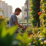 Adult tending to vertical garden on a sunlit small city balcony, surrounded by lush cascading plants and limited cozy space.