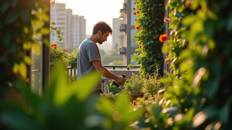 Adult tending to vertical garden on a sunlit small city balcony, surrounded by lush cascading plants and limited cozy space.