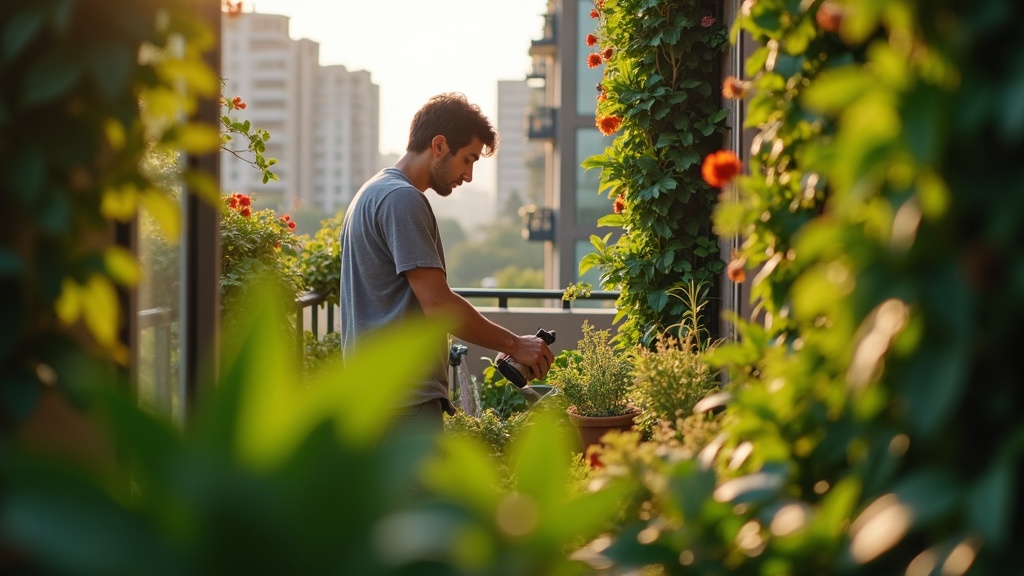 Adult tending to vertical garden on a sunlit small city balcony, surrounded by lush cascading plants and limited cozy space.
