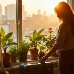 A young adult misting lush plants on an apartment windowsill, suitcases nearby, preparing to leave a sunlit city room.