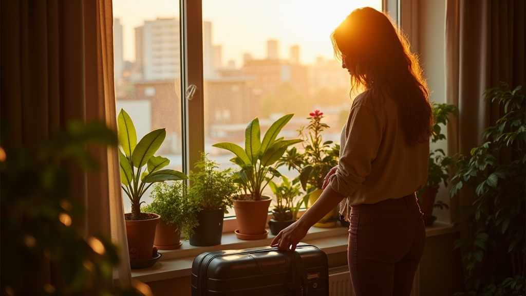 A young adult misting lush plants on an apartment windowsill, suitcases nearby, preparing to leave a sunlit city room.