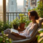 Young urban resident relaxing on a cozy apartment balcony surrounded by lush houseplants with city views and warm afternoon light.