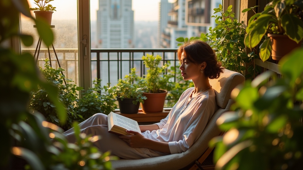 Young urban resident relaxing on a cozy apartment balcony surrounded by lush houseplants with city views and warm afternoon light.