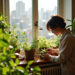 A young adult carefully tending to an assortment of potted plants on a sunny apartment windowsill, with a blurred cityscape beyond the window.