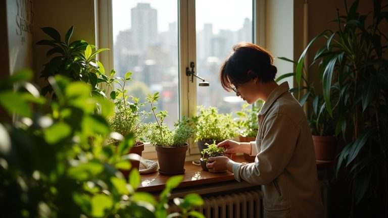 A young adult carefully tending to an assortment of potted plants on a sunny apartment windowsill, with a blurred cityscape beyond the window.