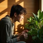 A young person in a small urban apartment carefully tends to a healthy houseplant near a window with soft, filtered sunlight and cozy shadow patterns.
