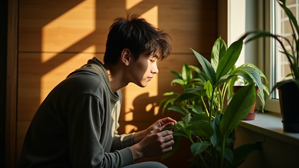 A young person in a small urban apartment carefully tends to a healthy houseplant near a window with soft, filtered sunlight and cozy shadow patterns.